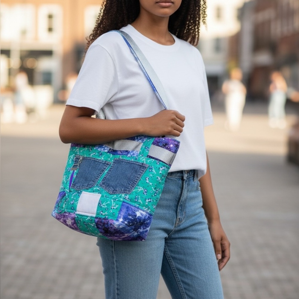 Floral Patchwork Tote Bag with Denim Accents - Picture 2 of 5